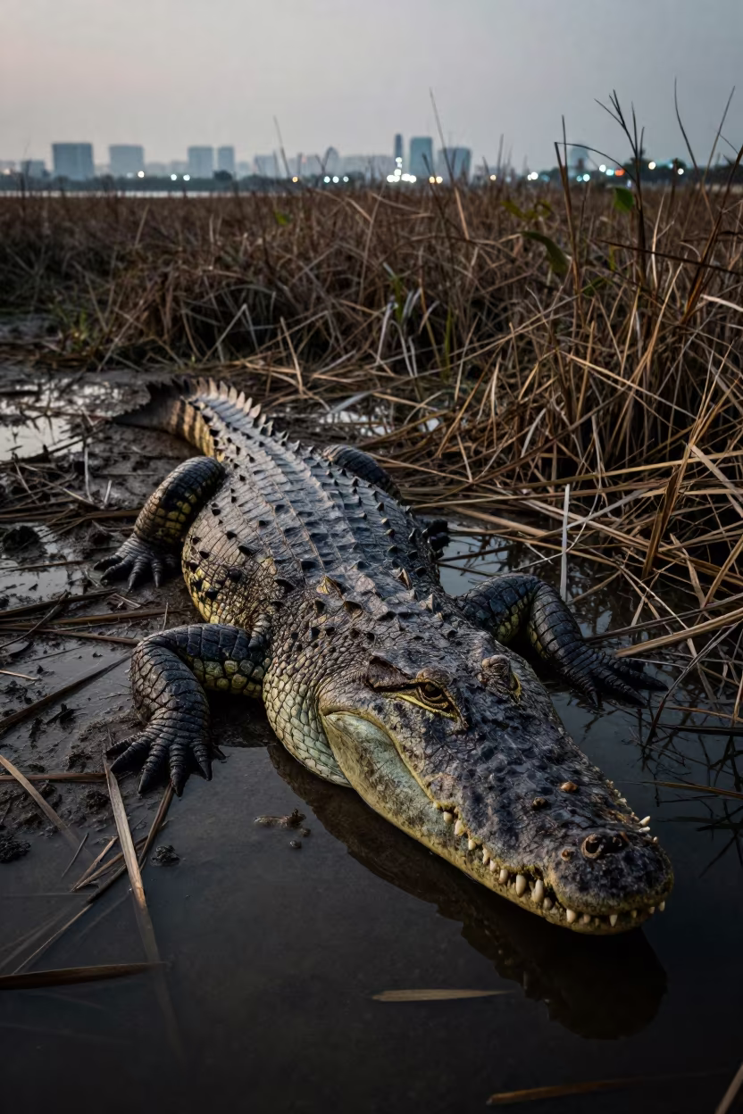Saltwater Crocodile Entering Water at Dusk in at the edge of a reed bed near Ho Chi Minh City