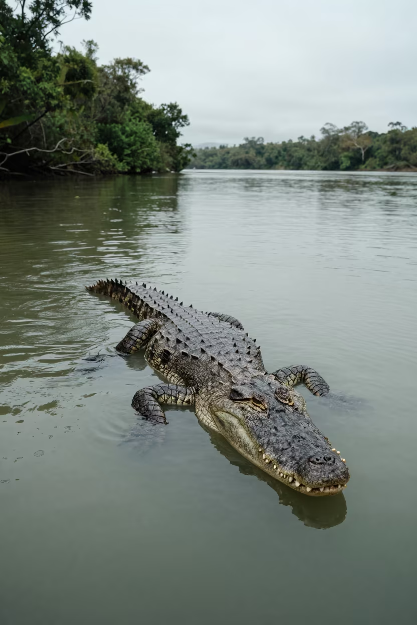 Saltwater Crocodile Entering Water Noon Light in in Queensland