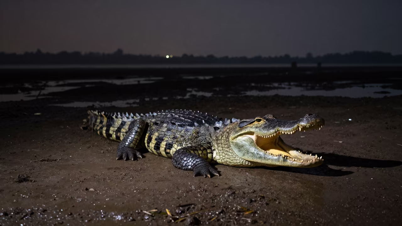Saltwater Crocodile Night Bask Rim Light in along a game trail near Ho Chi Minh City
