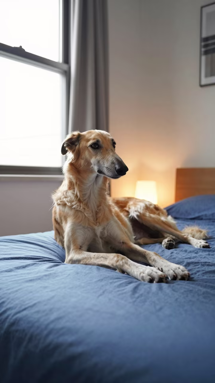 Saluki Dog Resting on Bedspread Near Window in on a bedspread near a bright window with calm indoor light in Chongqing