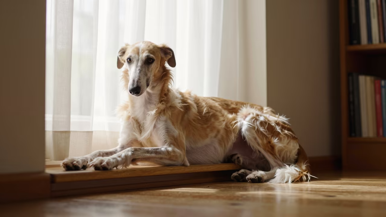 Saluki Dog Resting on Window Seat in on a window seat in a quiet apartment with soft side light in Netanya