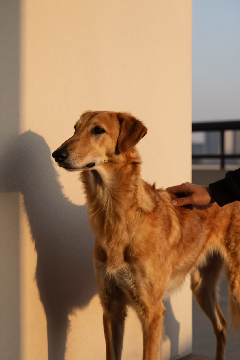 Saluki Portrait Amber Light Busan Nampo-dong in beside a plain plaster wall in soft indoor light with the animal centered in frame near Nampo-dong, Busan