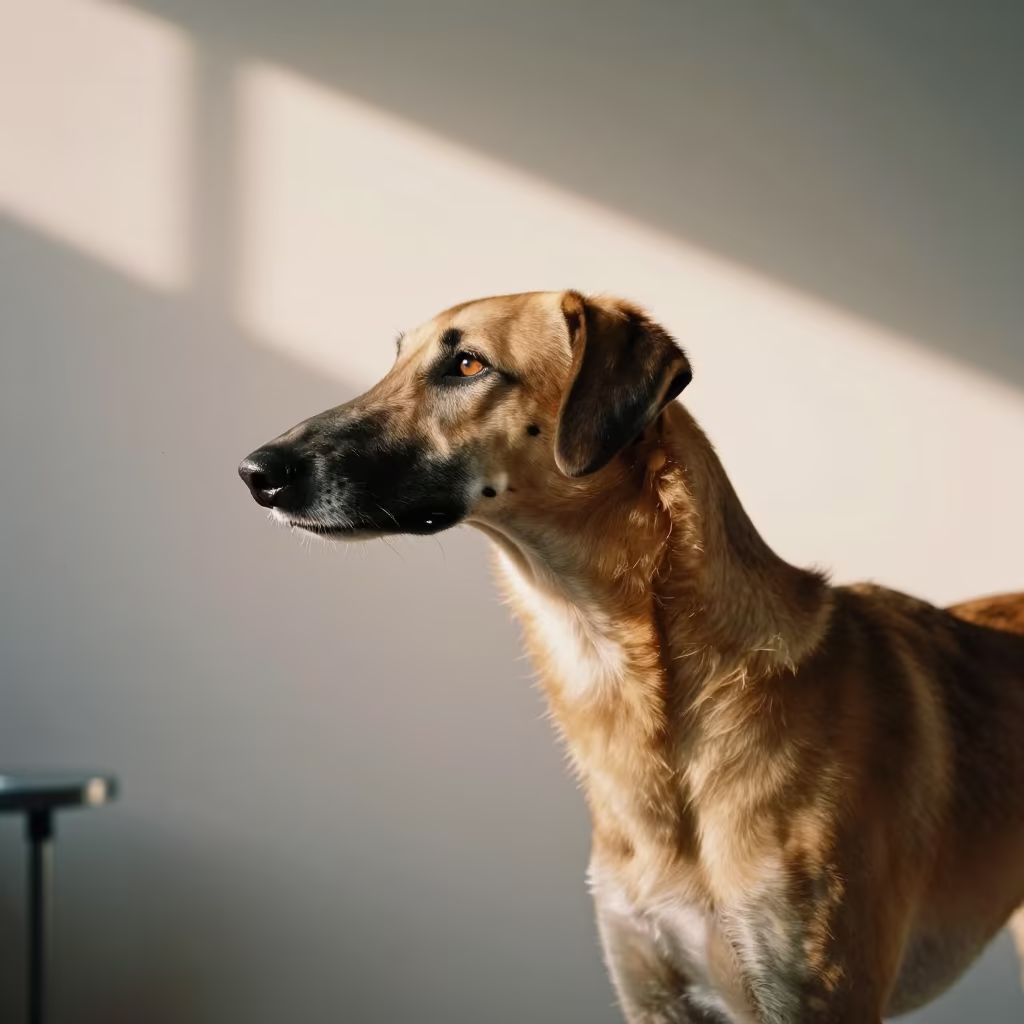 Saluki Portrait in Duékoué Studio with Sunset Light in in a quiet portrait studio with a plain backdrop and eye-level framing near Duékoué