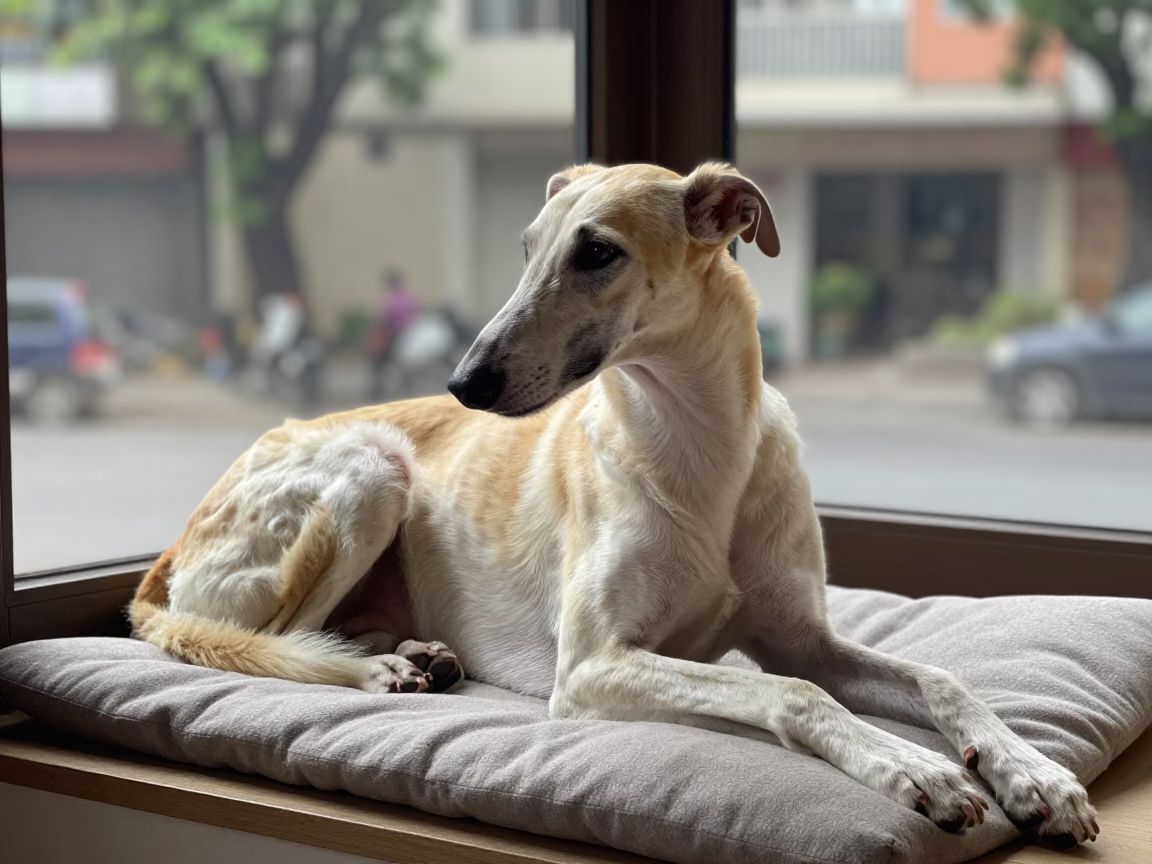 Saluki Portrait on Window Seat in Ho Chi Minh City in on a cushioned window seat with soft side light and an uncluttered background in Binh Thanh, Ho Chi Minh City