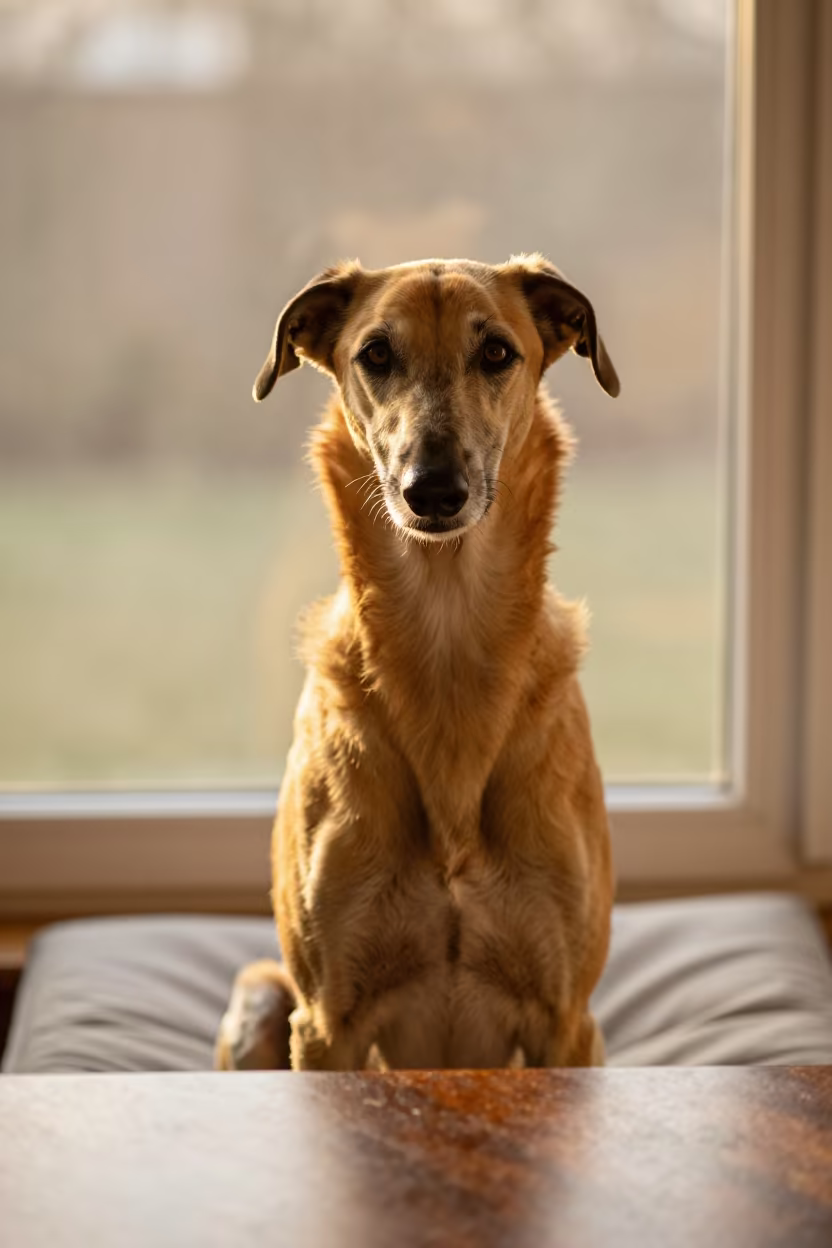 Saluki Portrait on Window Seat with Golden Light in on a cushioned window seat with soft side light and an uncluttered background near Benghazi