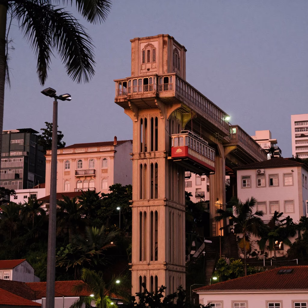 Salvador Brazil Copper Dusk Palm Boulevard and Retro Elevador Lacerda Brass Rail in in Salvador, Brazil
