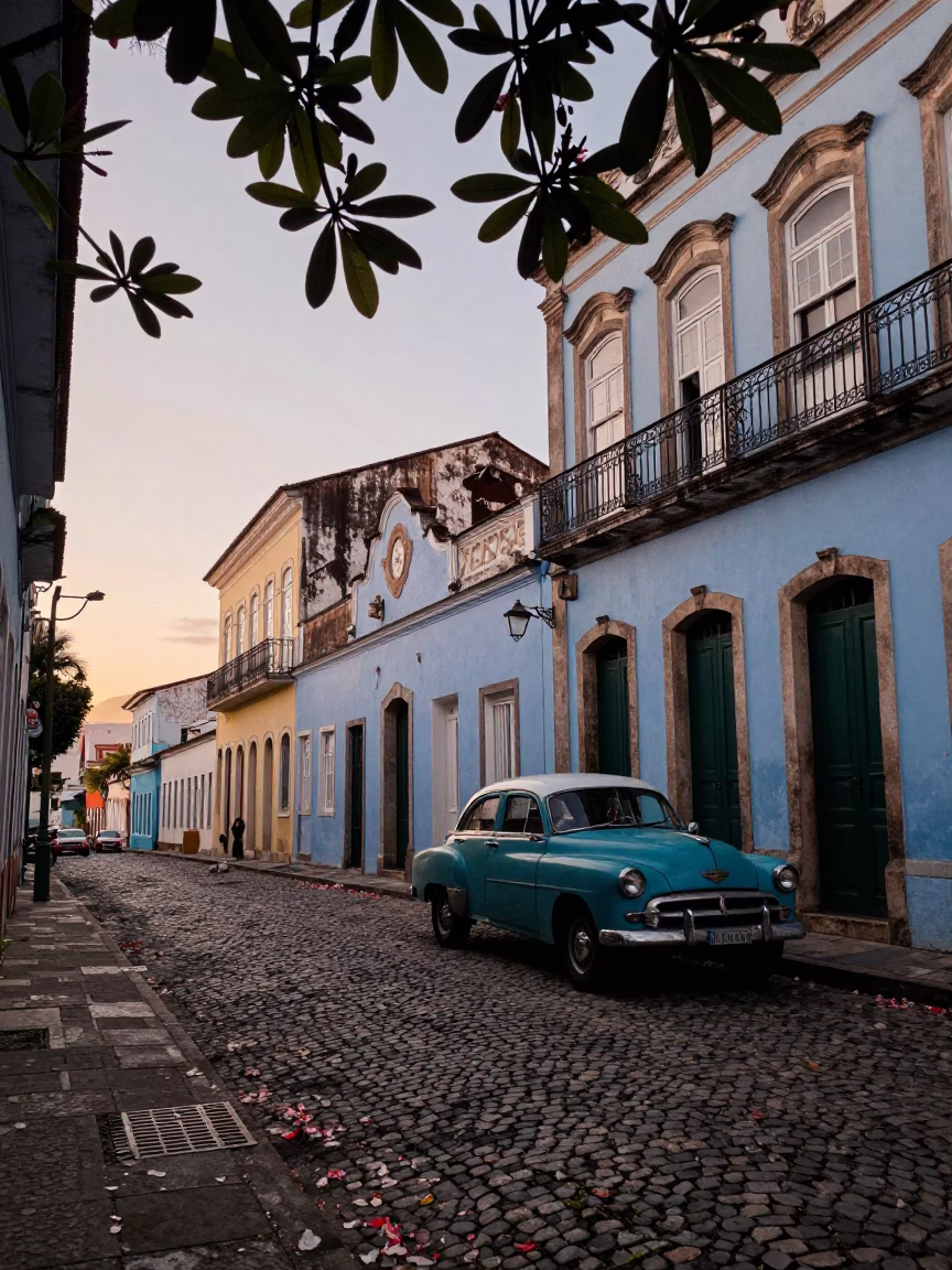Salvador Brazil Dawn Street Scene with Plumeria Petals and Vintage 1950s Atmosphere in in Salvador, Brazil