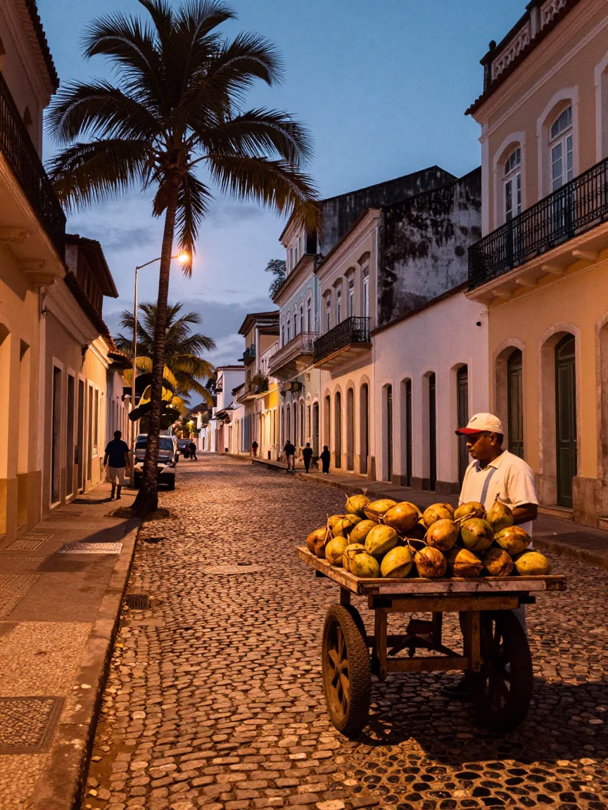 Salvador Brazil Dusk Street Scene with Palm Trees and Local Commerce in in Salvador, Brazil