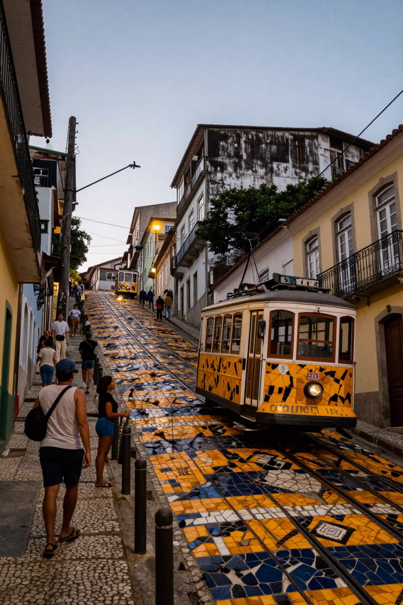 Salvador Brazil early evening street scene with funicular climbing steep hill and doorframe in in Salvador, Brazil