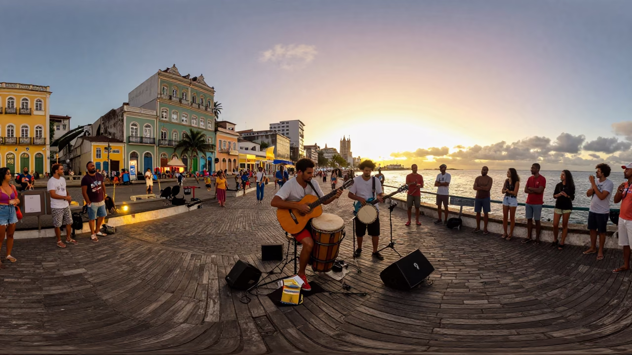 Salvador Brazil Evening Boardwalk Street Musician Performance with Paperbacks and Soap Case in in Salvador, Brazil
