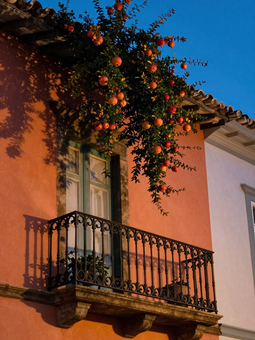 Salvador Brazil Evening Light on Colorful Colonial Balcony with Pomegranate Tree in in Salvador, Brazil