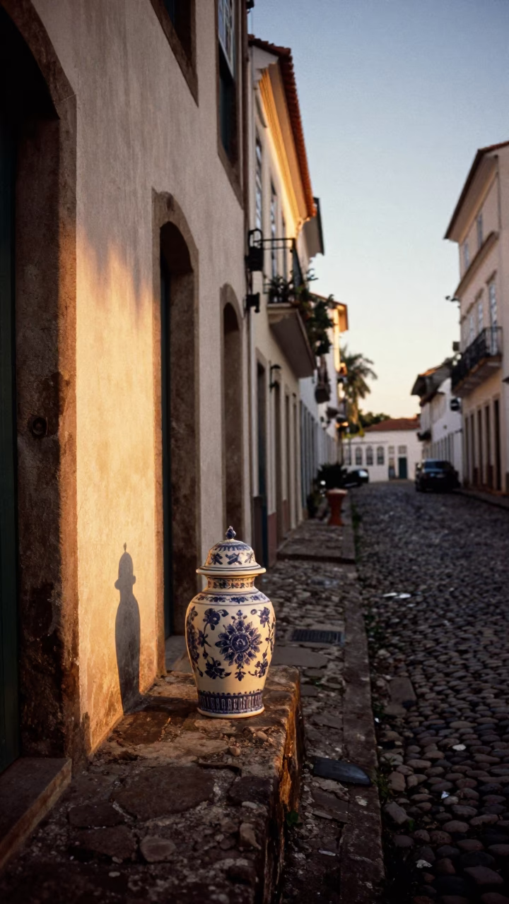 Salvador Brazil Evening Street Scene with Blue and White Porcelain Jar in in Salvador, Brazil