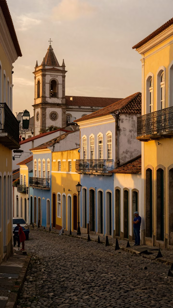 Salvador Brazil Evening Street Scene with Colorful Colonial Architecture and Local Life in in Salvador, Brazil
