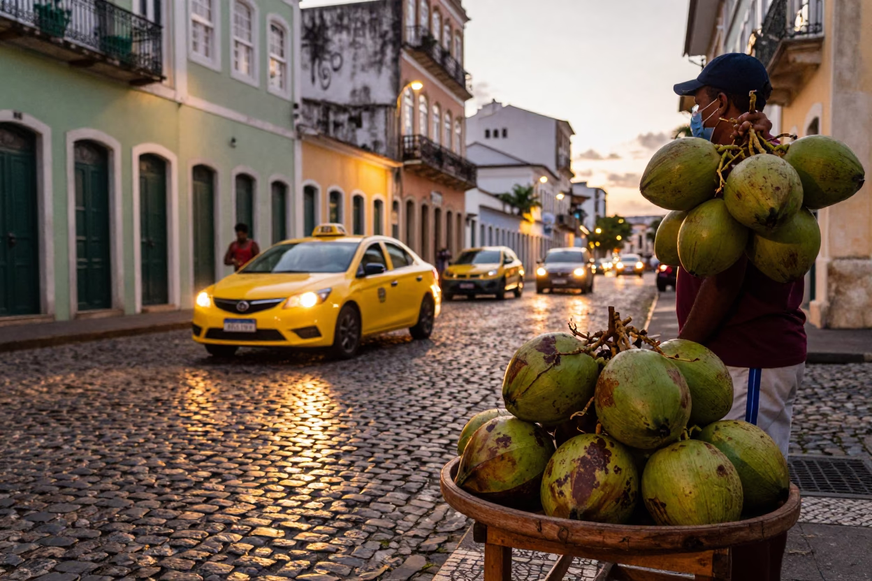 Salvador Brazil Evening Street Scene with Yellow Taxi and Coconuts in in Salvador, Brazil
