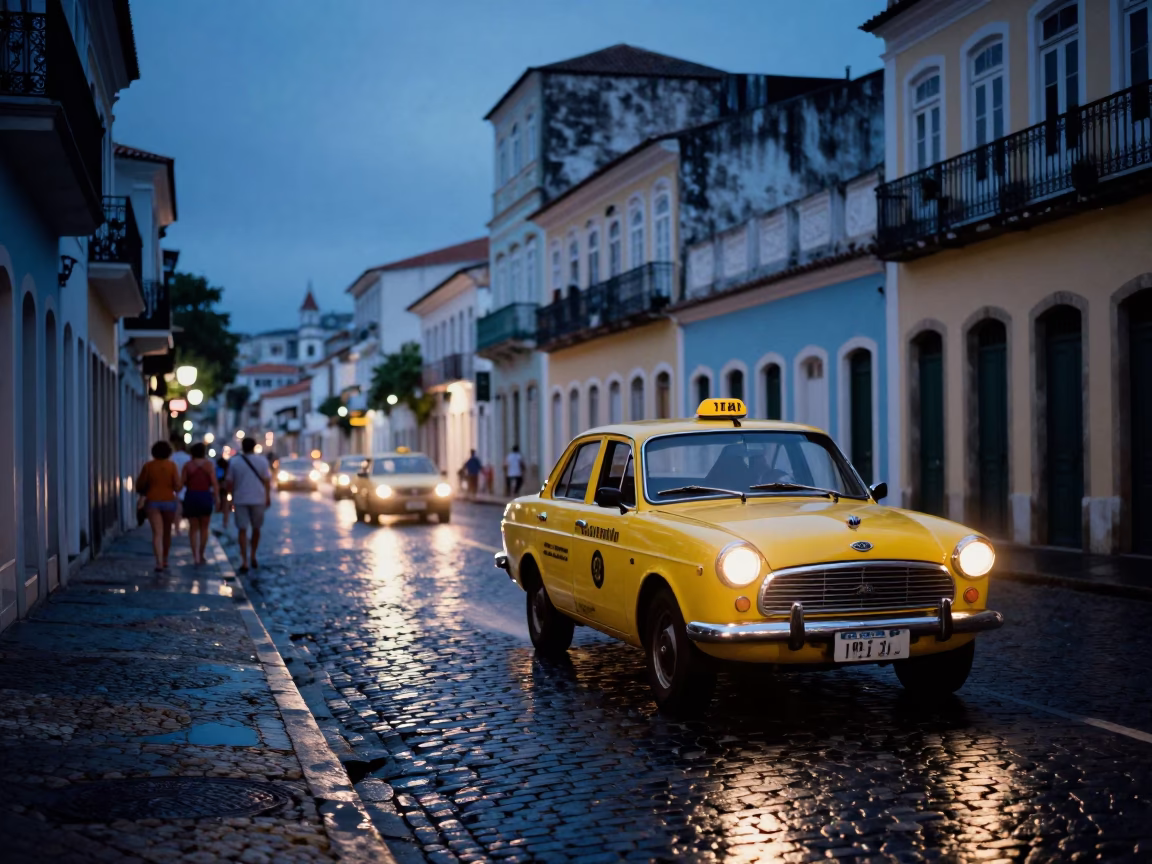 Salvador Brazil Evening Street Scene with Yellow Taxi and Local Market Activity in in Salvador, Brazil