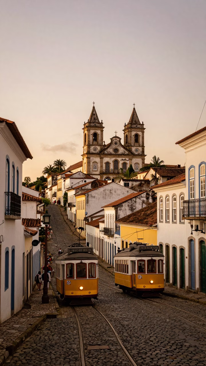 Salvador Brazil Evening Street Scene with Yellow Tram and Colonial Architecture in in Salvador, Brazil