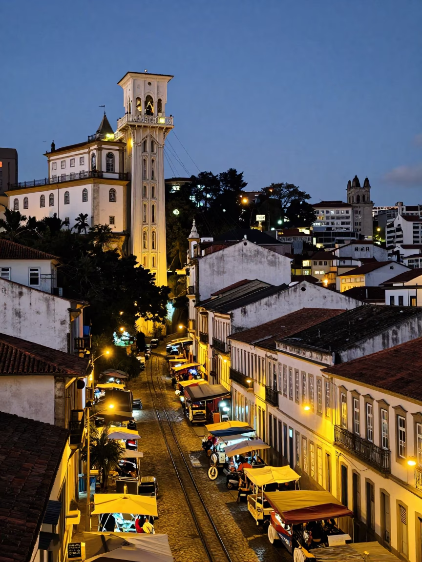 Salvador Brazil Funicular Ascending Hillside at Dusk with Street Market Vendors in in Salvador, Brazil