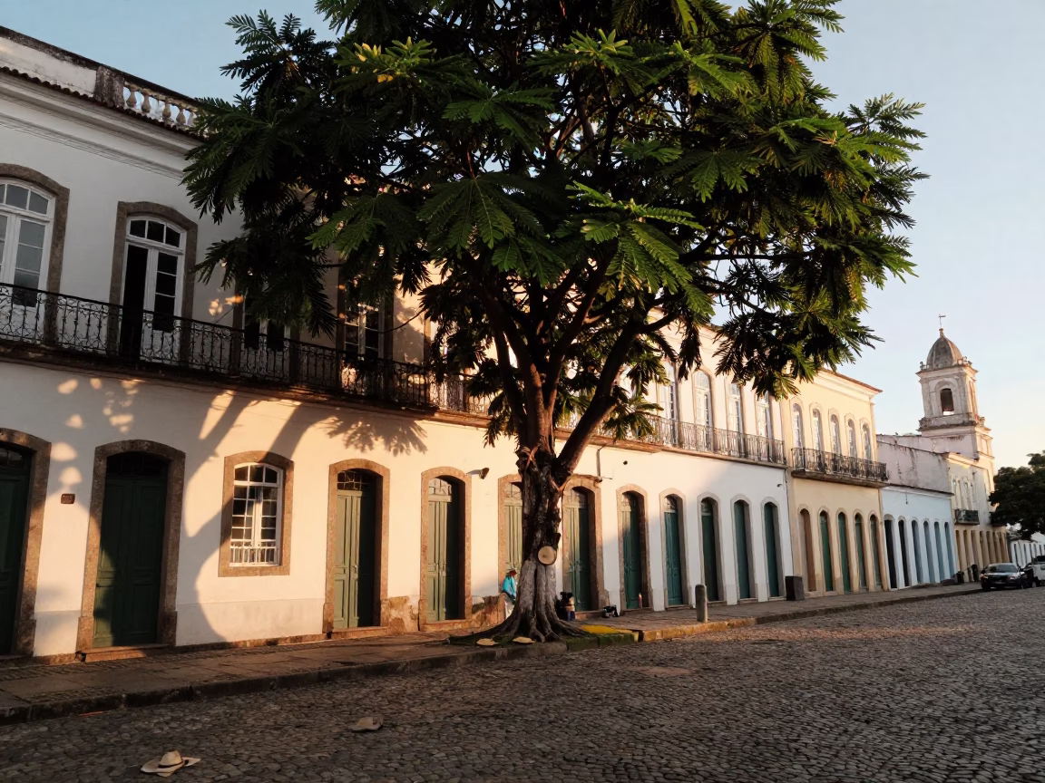 Salvador Brazil Golden Hour Street Scene with Tamarind Tree and Sun Hats in in Salvador, Brazil
