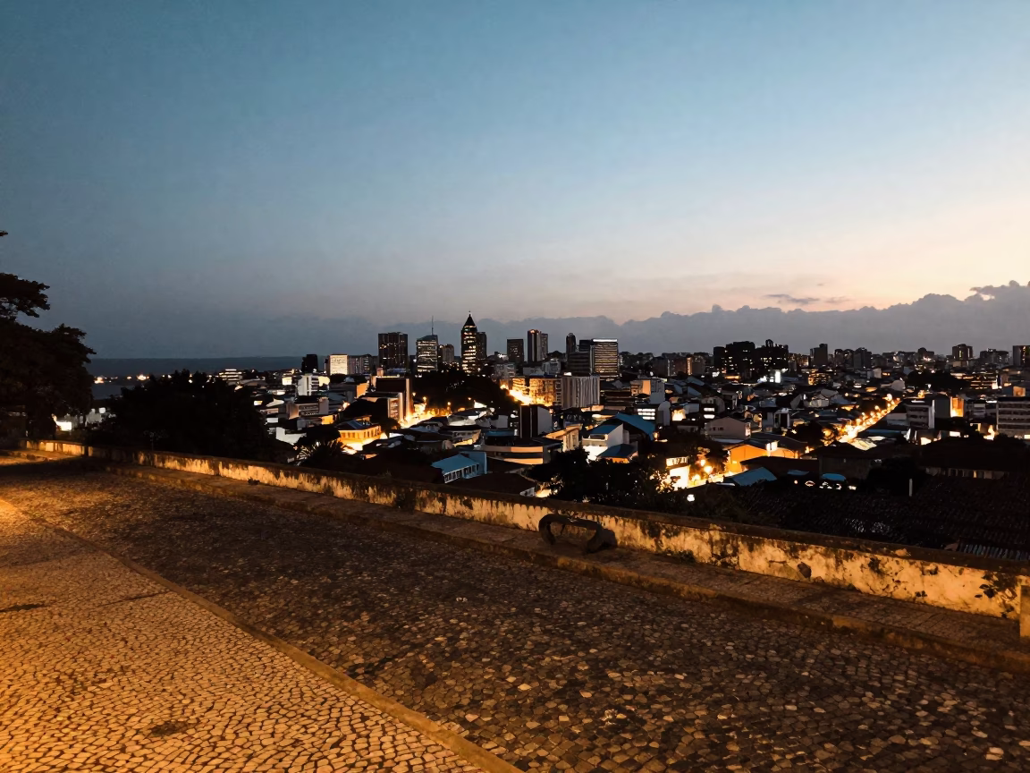Salvador Brazil Horizon at Dusk with Cobblestone Street and City Lights in in Salvador, Brazil