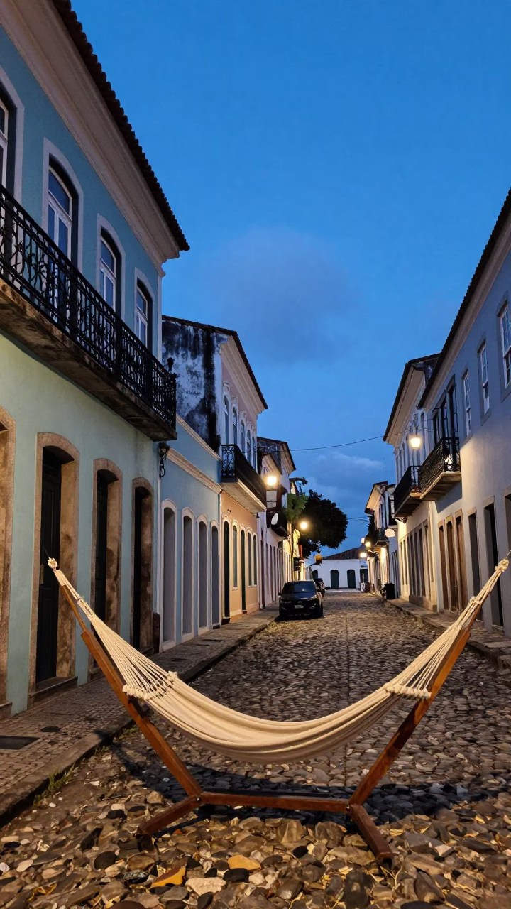 Salvador Brazil indigo twilight street scene with hammock and wooden ladder in in Salvador, Brazil