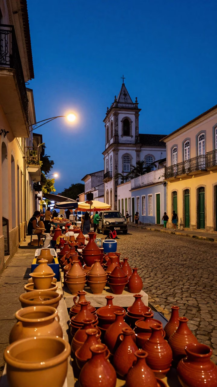 Salvador Brazil indigo twilight street scene with pottery market and local interaction in in Salvador, Brazil