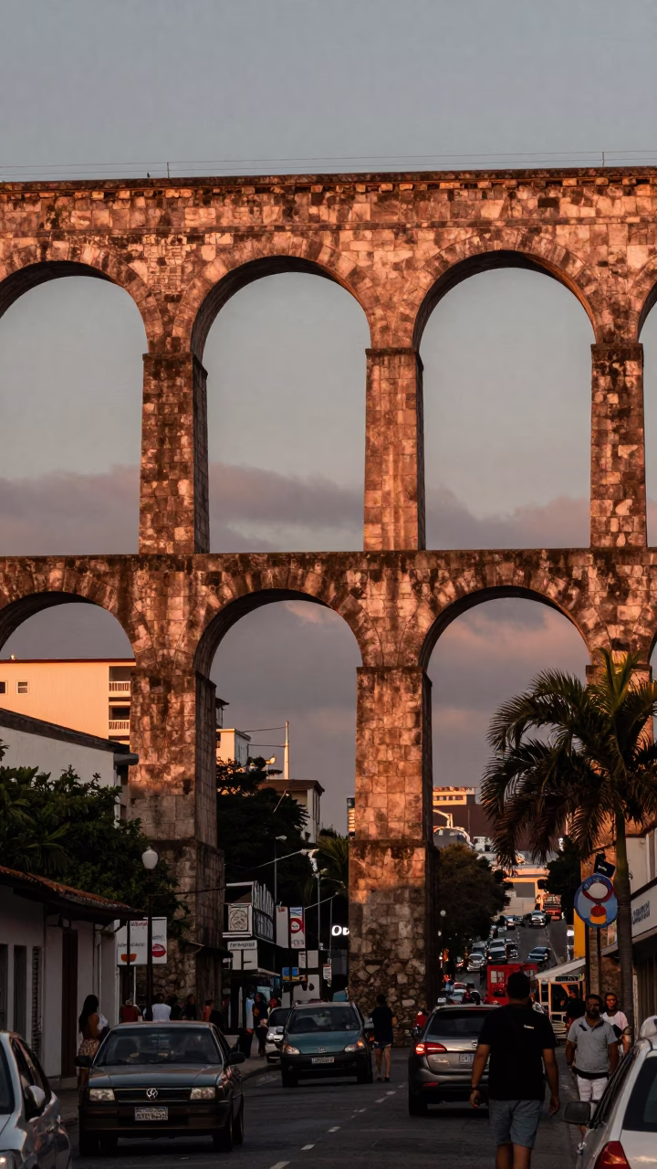 Salvador Brazil Lapa Aqueduct Arcades in Copper Dusk Light with Local Street Scene in in Salvador, Brazil