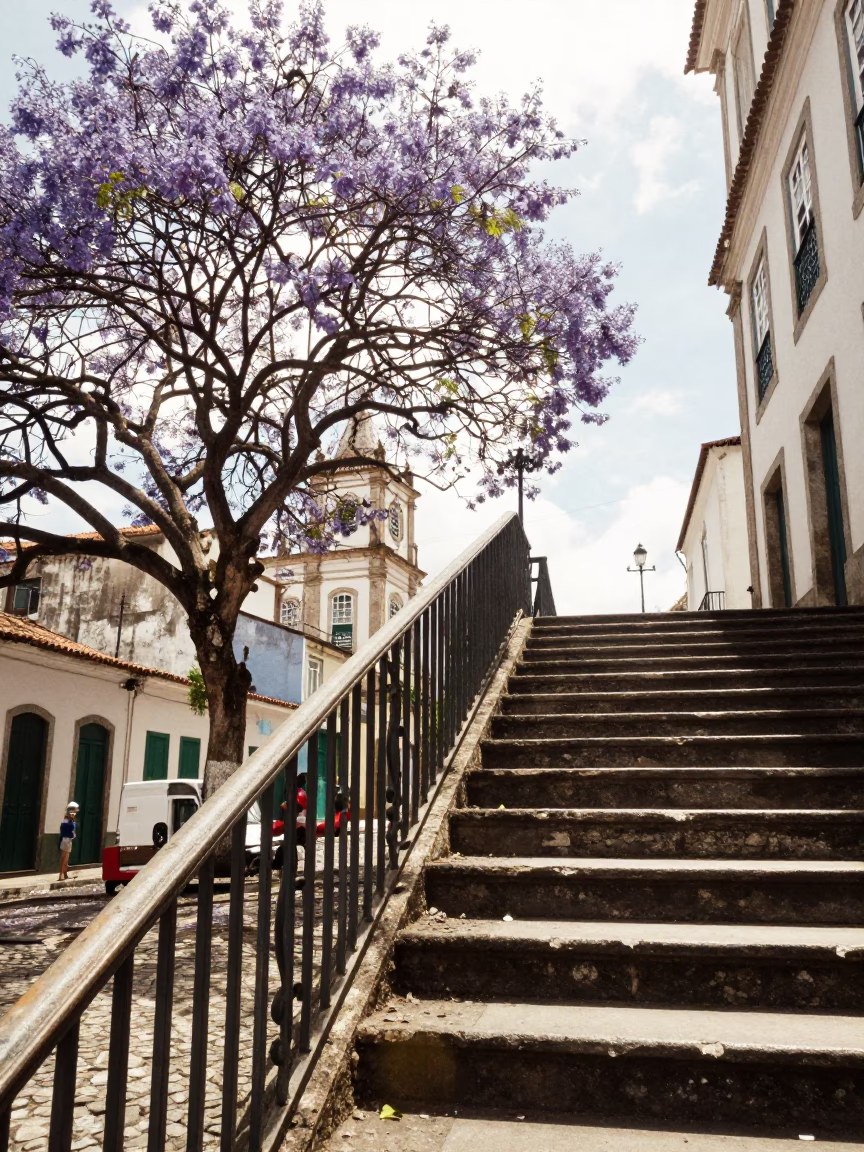 Salvador Brazil Noon Light on Colonial Stair Rail and Jacaranda Purple Bloom in in Salvador, Brazil