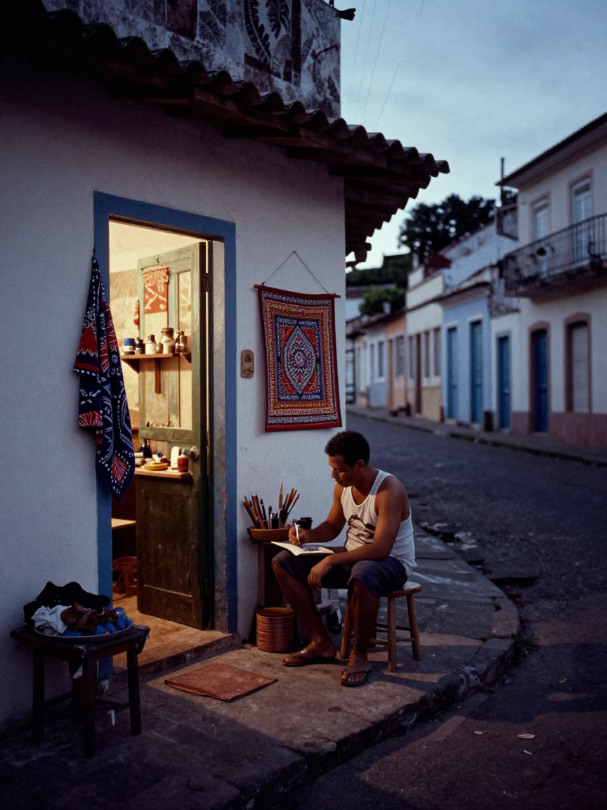 Salvador Brazil Pre-Dawn Street Scene with Batik Art Supplies and Local Morning Rituals in in Salvador, Brazil