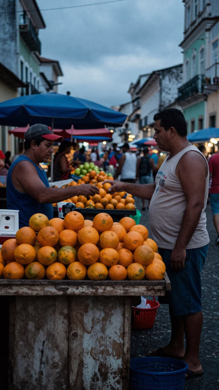 Salvador Brazil Predawn Market Scene with Oranges and Local Interaction in in Salvador, Brazil