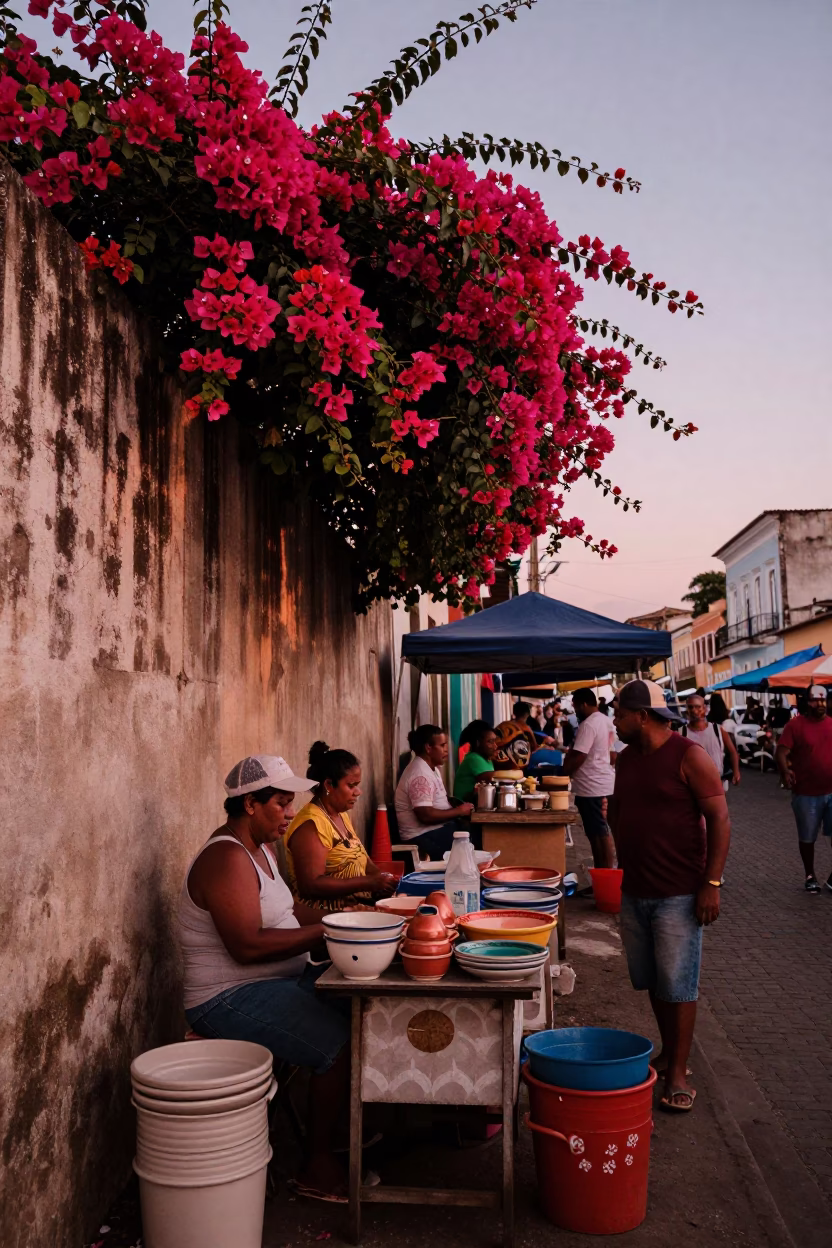 Salvador Brazil Street Market Scene with Bougainvillea and Ceramic Bowls in Dusk Light in in Salvador, Brazil