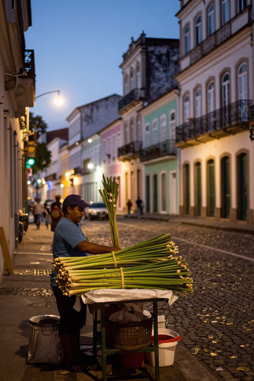 Salvador Brazil Street Scene at Dusk with Lemongrass Vendor and City Lights in in Salvador, Brazil