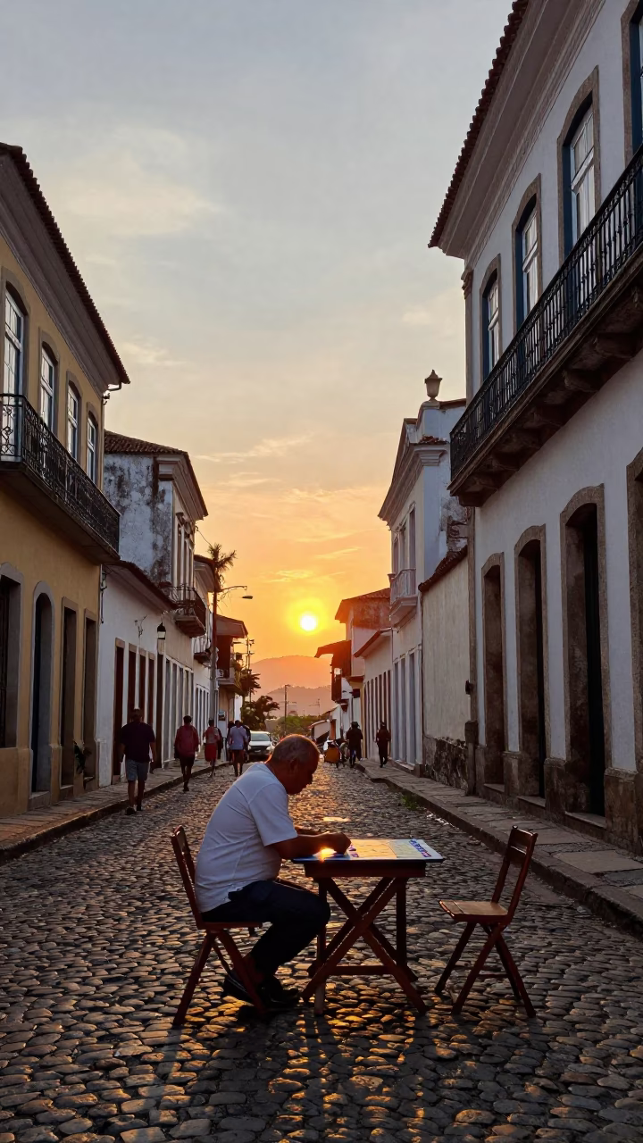 Salvador Brazil street scene at sunset with domino game on cobblestone in in Salvador, Brazil
