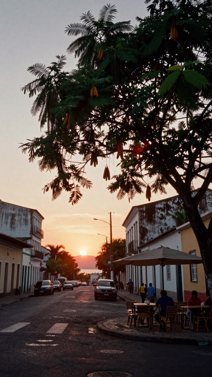 Salvador Brazil Street Scene at Sunset with Tamarind Tree and Rattan Stool in in Salvador, Brazil