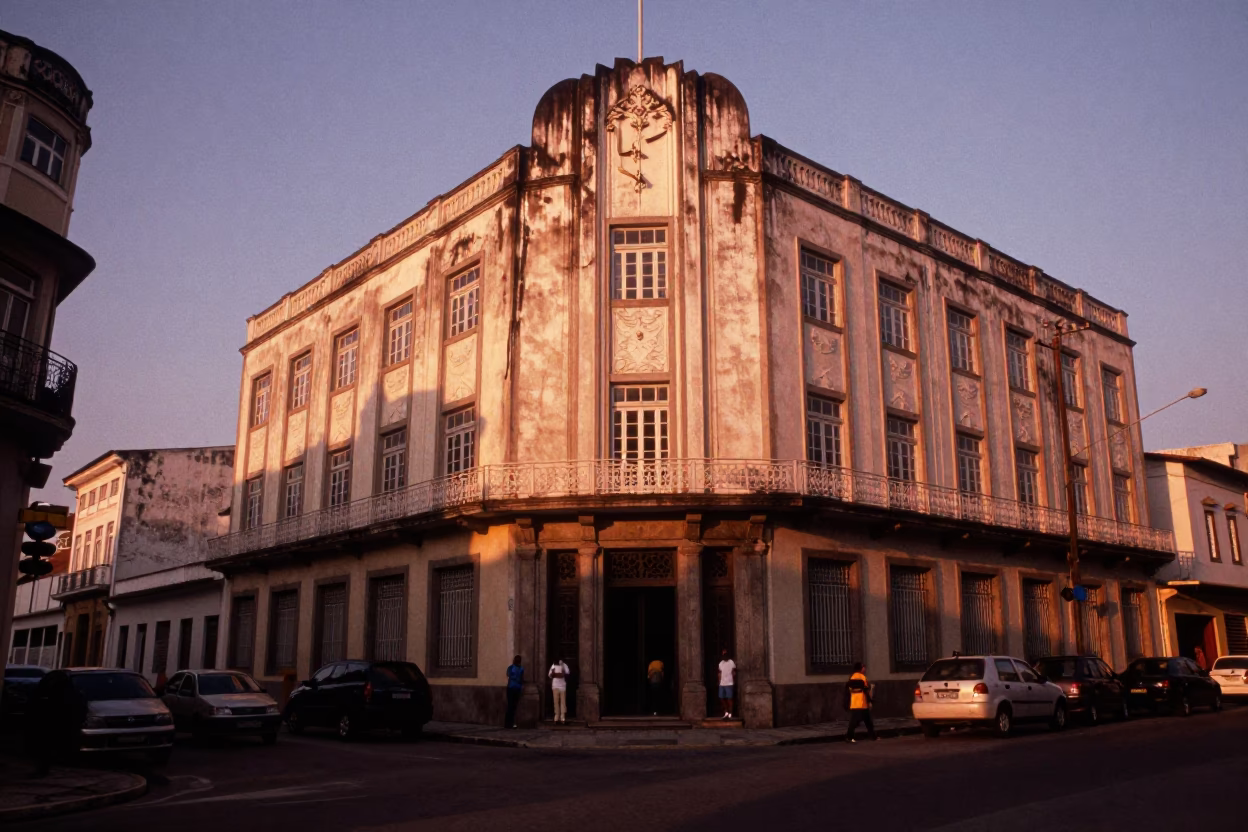 Salvador Brazil Street Scene Before Dusk With Art Deco Facade And Pigeons in in Salvador, Brazil