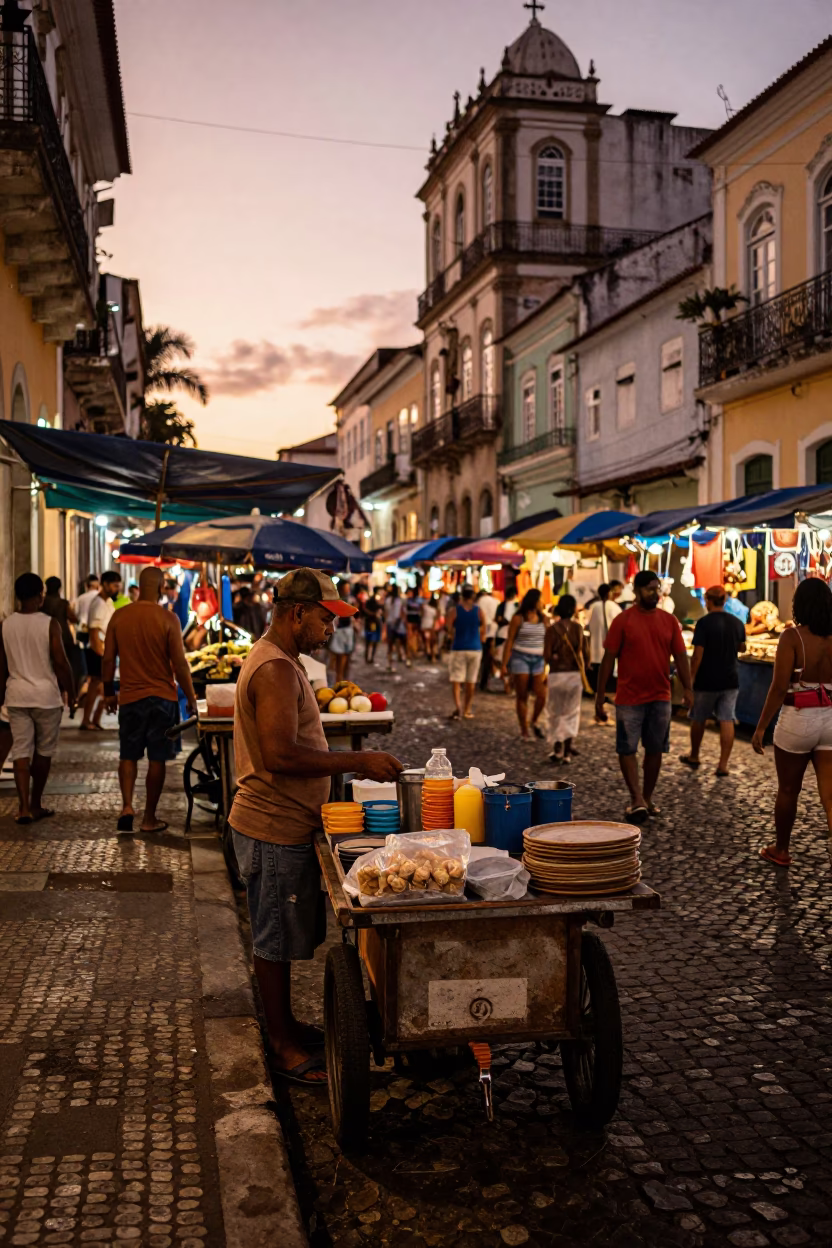 Salvador Brazil Street Scene Copper Dusk Light Busy Market Vendor Activity in in Salvador, Brazil