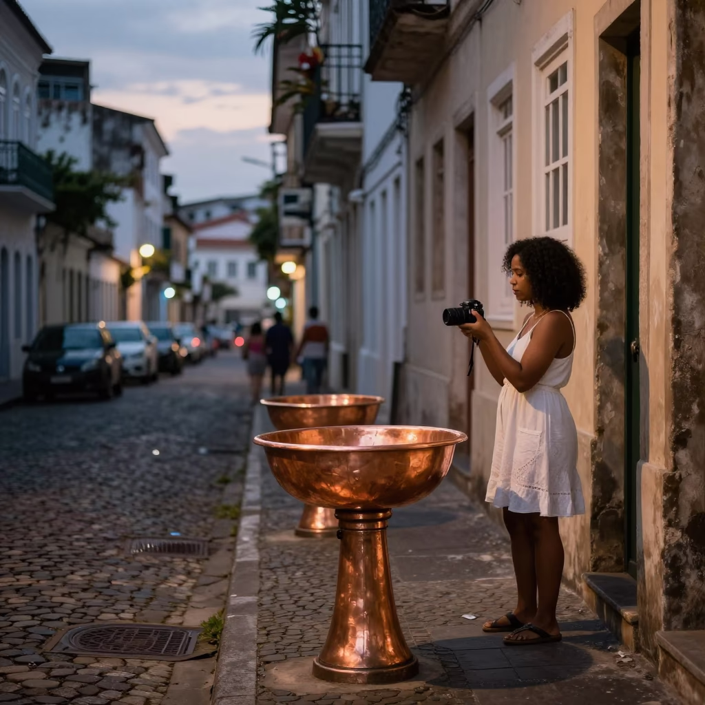 Salvador Brazil Street Scene Copper Dusk Light Lined Basin and Clear Glass Window in in Salvador, Brazil
