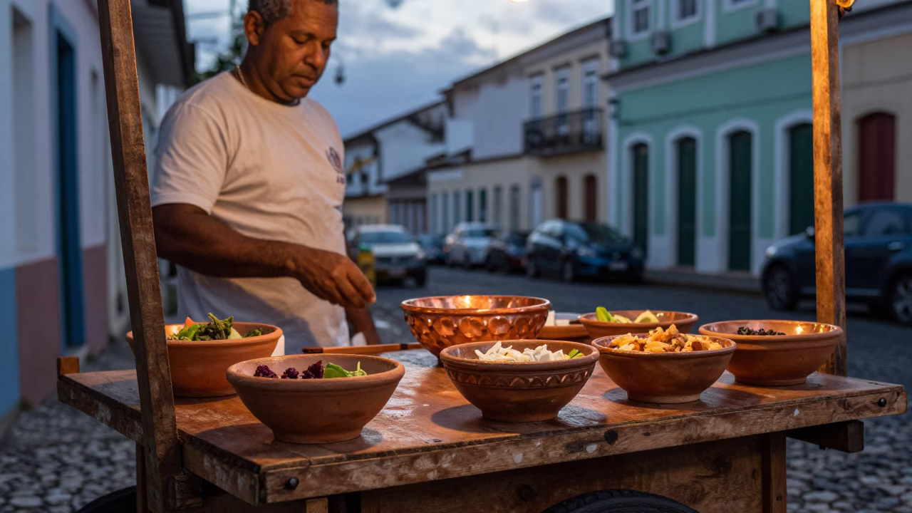 Salvador Brazil Street Scene Copper Light Terracotta Bowls Dusk in in Salvador, Brazil