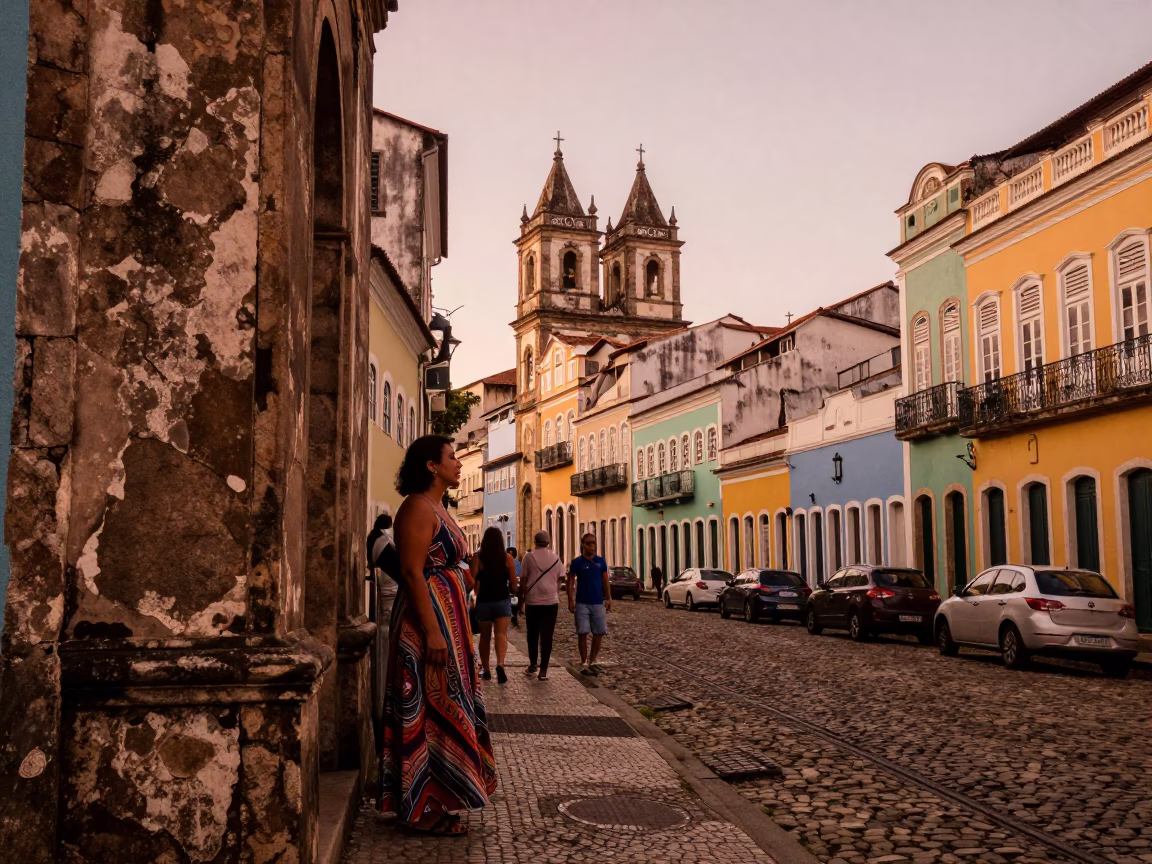 Salvador Brazil Street Scene Copper Toned Light Before Dusk Colorful 1950s Style in in Salvador, Brazil