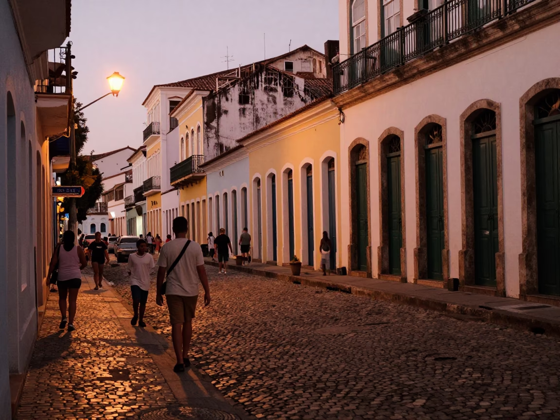 Salvador Brazil Street Scene in Copper Dusk Light with Local Commerce and Architecture in in Salvador, Brazil
