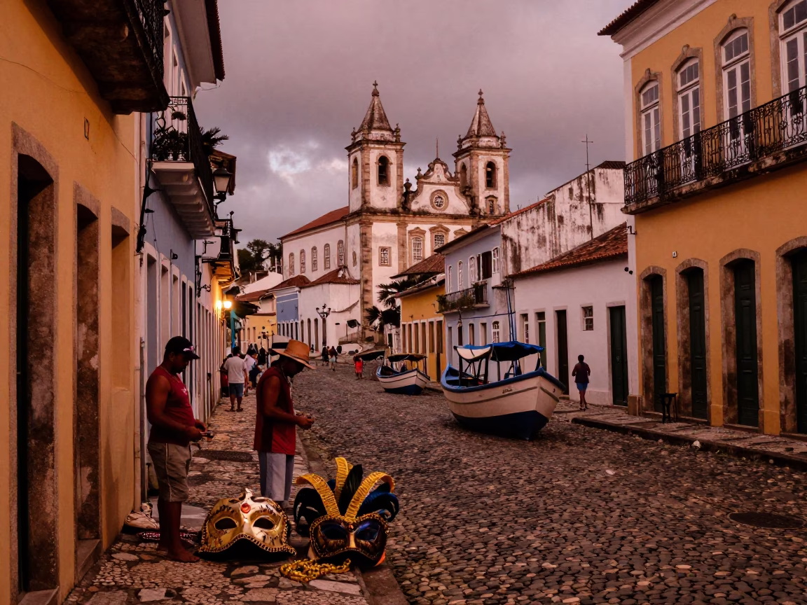Salvador Brazil Street Scene with Carnival Mask and Fishing Boat at Dusk in in Salvador, Brazil