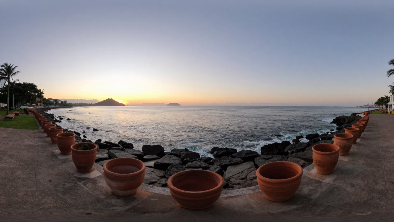 Salvador Brazil Sunrise Landscape Shot with Terracotta Pots and Jade Plant Bonsai in in Salvador, Brazil