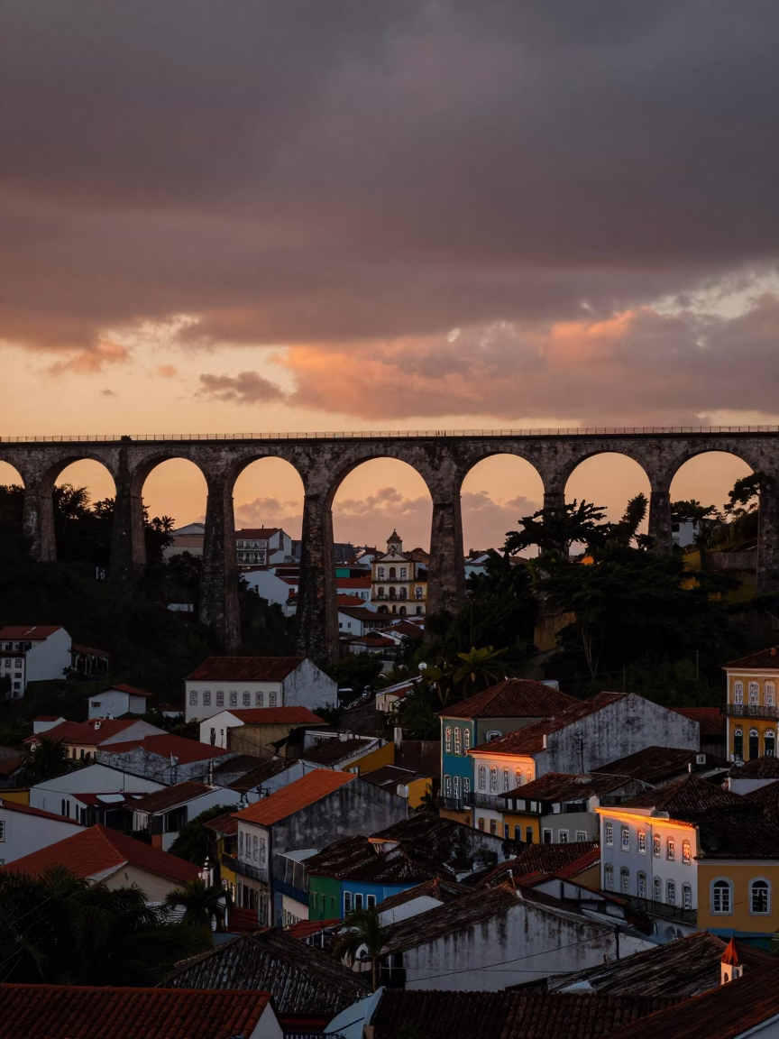 Salvador Brazil Sunset Historic Center Lapa Aqueduct Horizon Shot 1950s Realistic Photograph in in Salvador, Brazil