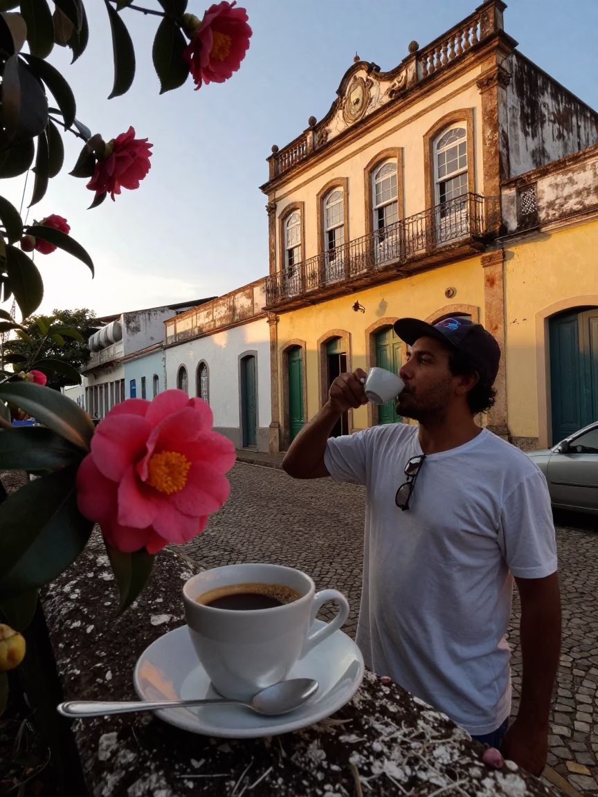 Salvador Brazil Sunset Street Scene with Coffee Cupper and Camellia Detail in in Salvador, Brazil