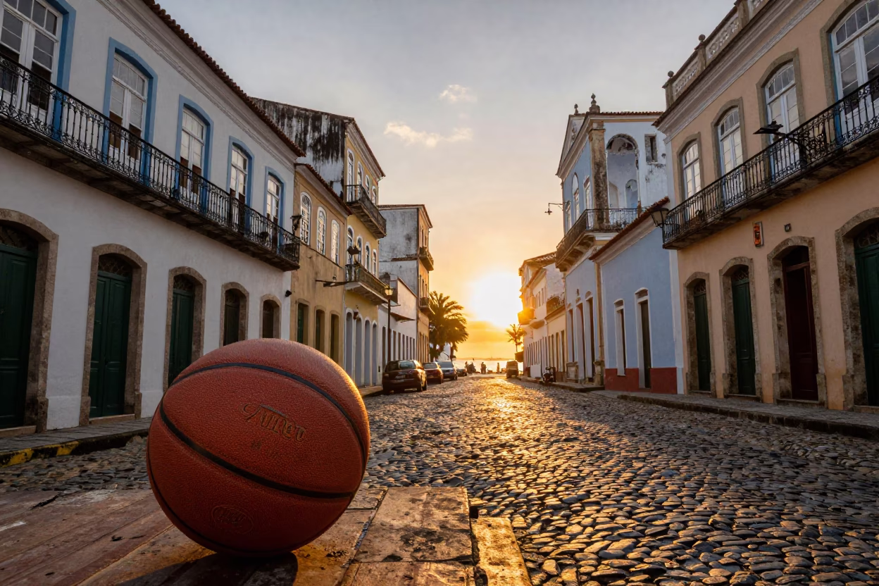Salvador Brazil Sunset Street Scene with Leather Basketball and Local Market Activity in in Salvador, Brazil