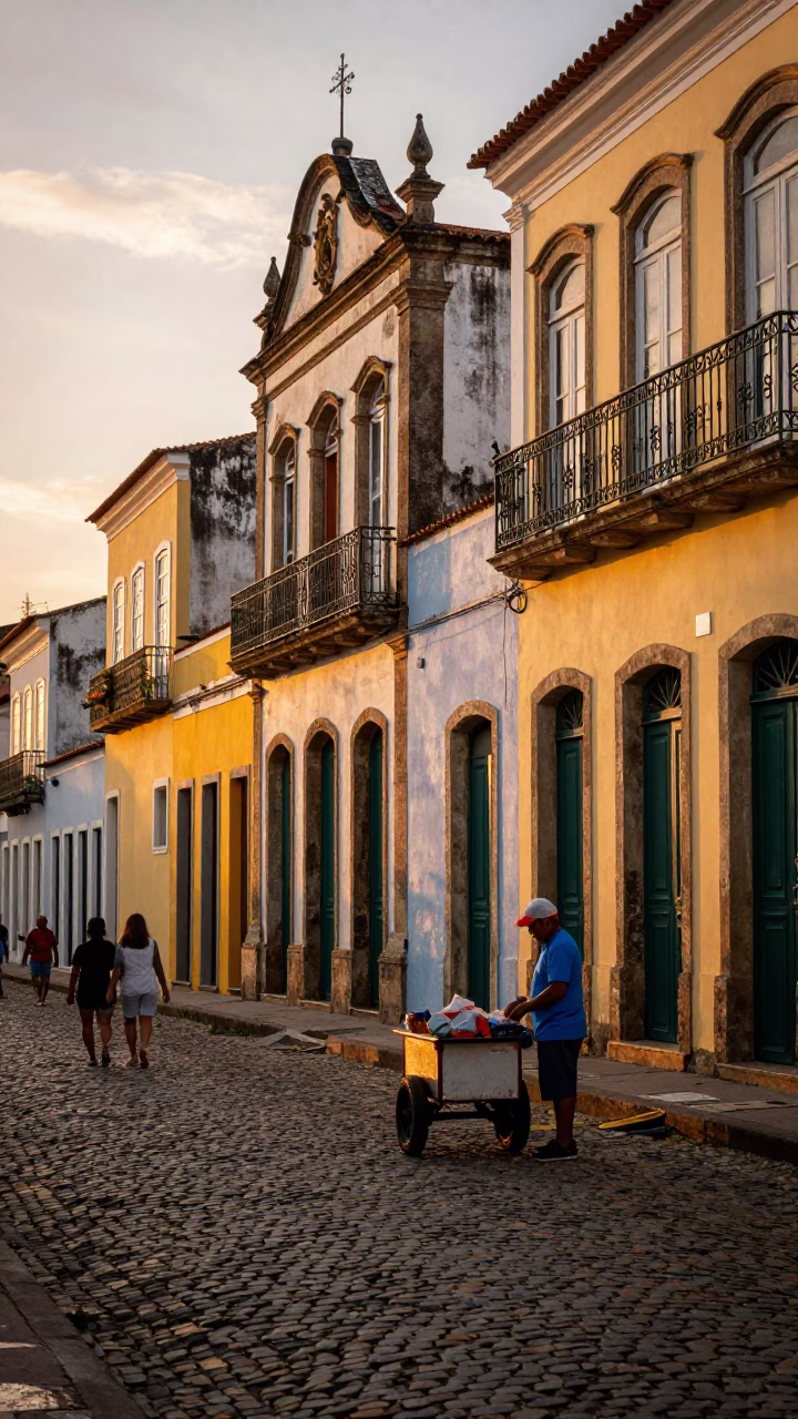 Salvador Brazil Sunset Street Scene with Local Vendor and Pedestrians in in Salvador, Brazil