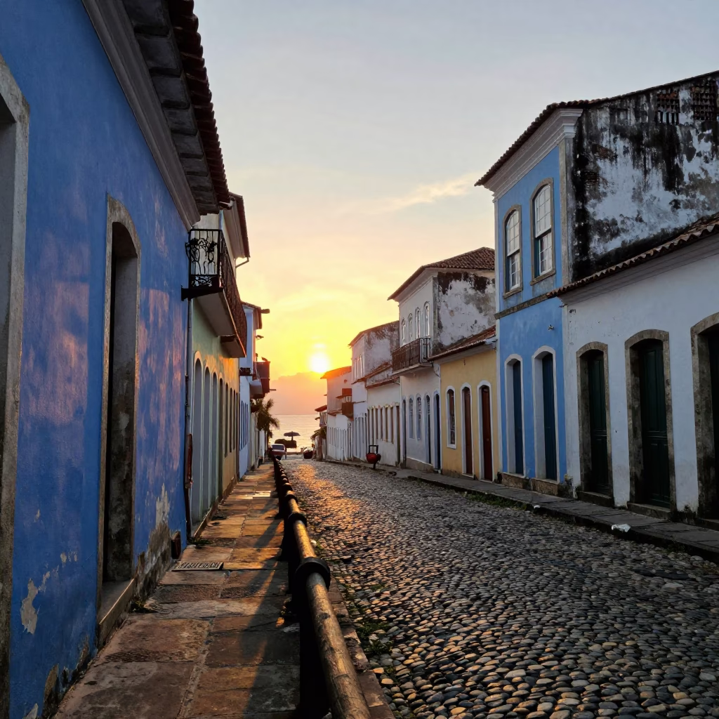Salvador Brazil Sunset Street Scene with Wooden Peg Rail and Traditional Architecture in in Salvador, Brazil