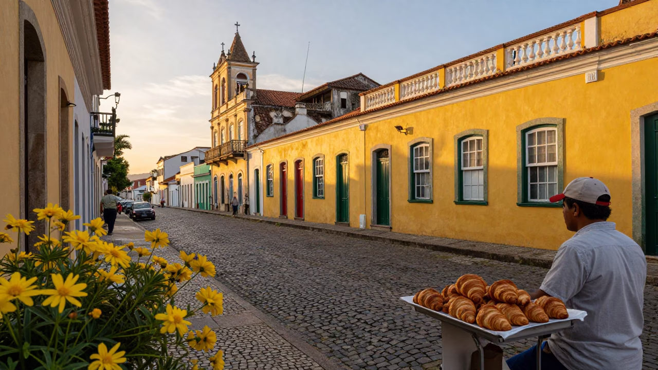 Salvador Brazil Sunset Street Scene with Yellow Flowers and Local Market Activity in in Salvador, Brazil