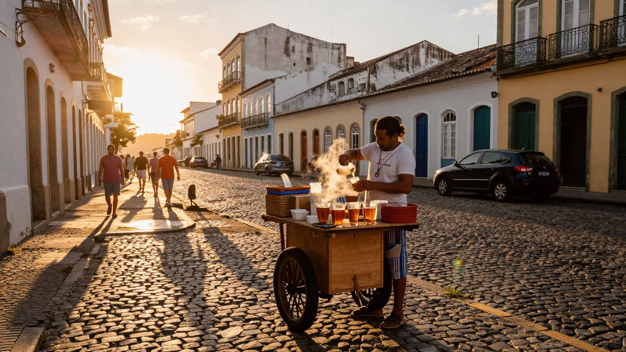 Salvador Brazil Sunset Street Vendor Tea Seller with Peg Basket in in Salvador, Brazil