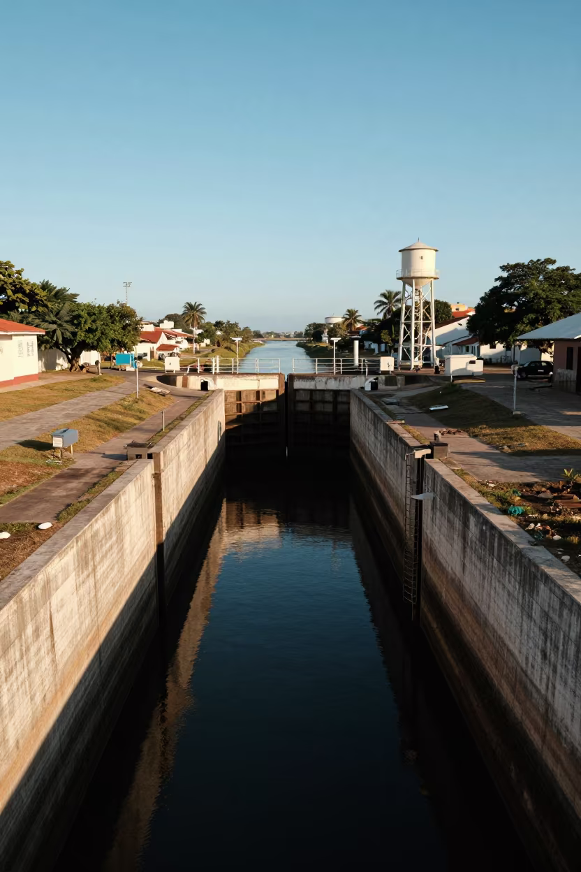 Salvador Canal Lock Sunrise Symmetry in beside a water tower ladder near Salvador