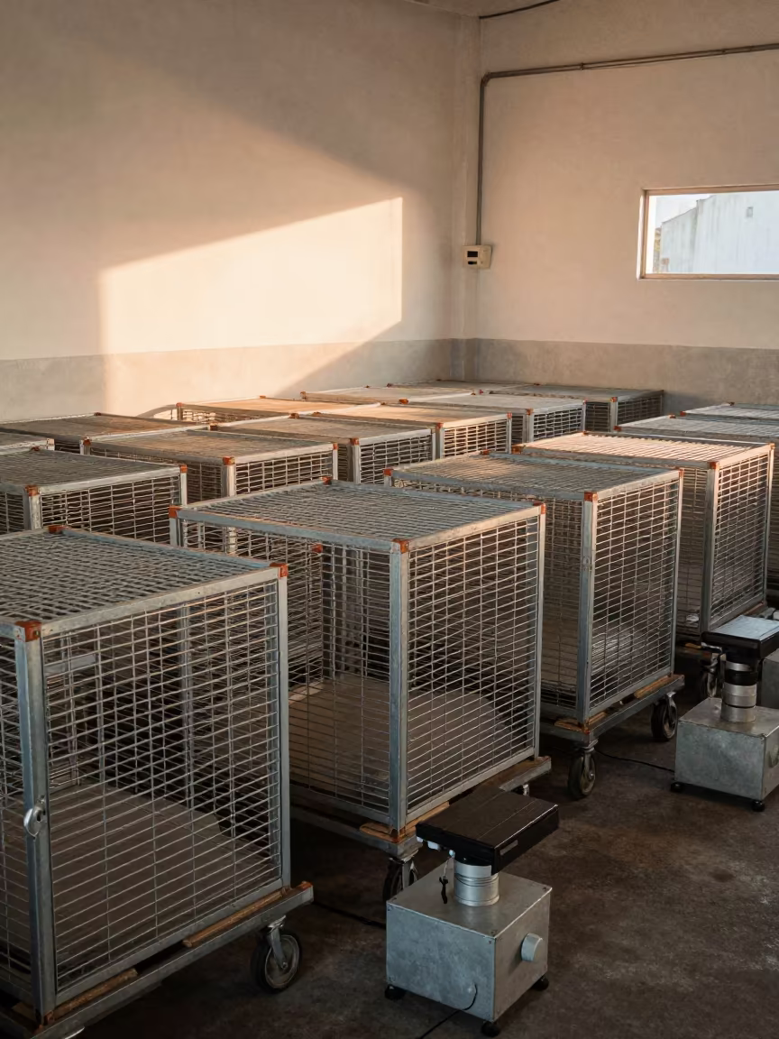 Salvador Freight Cages and Carts at First Light in inside a chilled distribution bay in Salvador